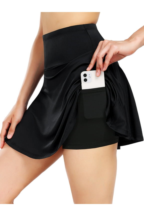 Womens 2 in 1 Tennis Skirts High Waisted Athletic Golf Skirt with Pockets,Black,US Size 2XL