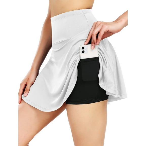 NELEUS Womens 2 in 1 Tennis Skirts High Waisted Athletic Golf Skirt with Pockets,White,US Size M