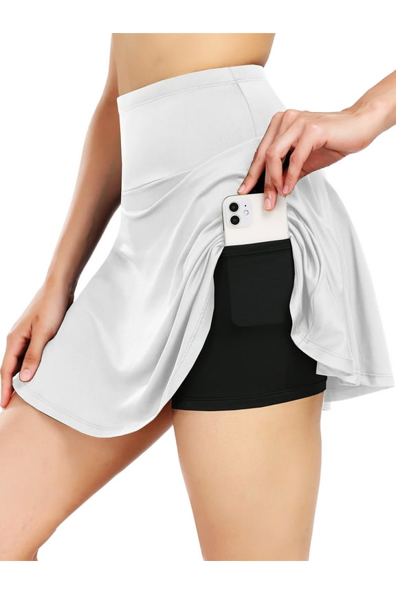 Womens 2 in 1 Tennis Skirts High Waisted Athletic Golf Skirt with Pockets,White,US Size S