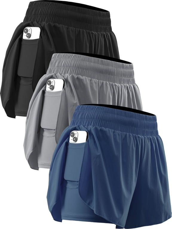 Womens Plus Size 2 in 1 Workout Yoga Shorts for Athletic Gym Running Casual Summer Short with Pocket,Black+Light Gray+Navy Blue,US Size 2XL