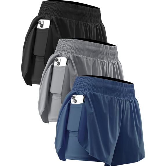 NELEUS Womens 2 in 1 Workout Yoga Shorts for Athletic Gym Running Casual Summer Short with Pocket,Black+Light Gray+Navy Blue,US Size M