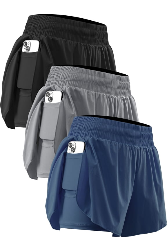 Womens 2 in 1 Workout Yoga Shorts for Athletic Gym Running Casual Summer Short with Pocket,Black+Light Gray+Navy Blue,US Size XL