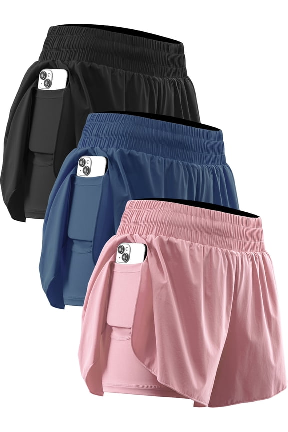 Womens 2 in 1 Workout Yoga Shorts for Athletic Gym Running Casual Summer Short with Pocket,Black+Navy Blue+Pink,US Size M