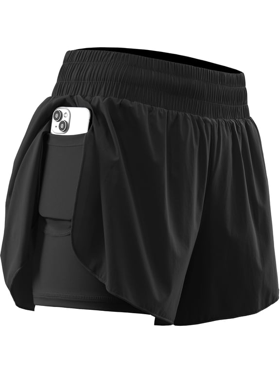 Womens Plus Size 2 in 1 Workout Yoga Shorts for Athletic Gym Running Casual Summer Short with Pocket,Black,US Size 2XL