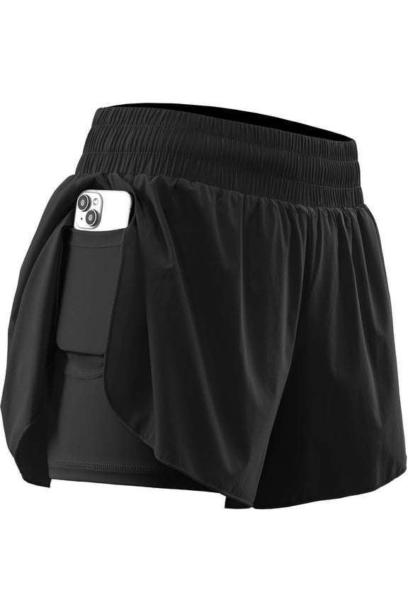 Womens 2 in 1 Workout Yoga Shorts for Athletic Gym Running Casual Summer Short with Pocket,Black,US Size M