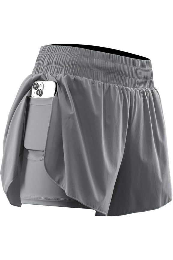 Womens 2 in 1 Workout Yoga Shorts for Athletic Gym Running Casual Summer Short with Pocket,Light Gray,US Size 2XL