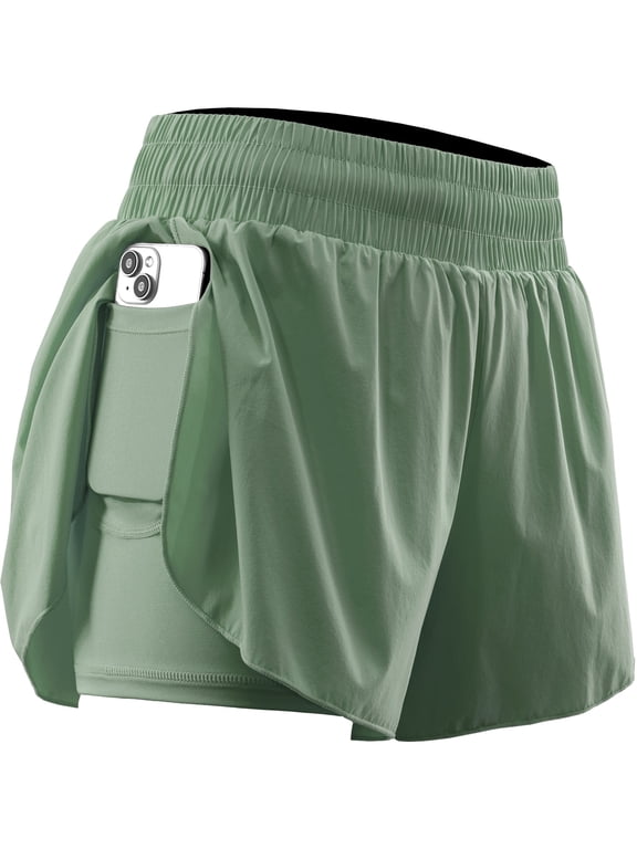 Womens Plus Size 2 in 1 Workout Yoga Shorts for Athletic Gym Running Casual Summer Short with Pocket,Light Green,US Size 2XL