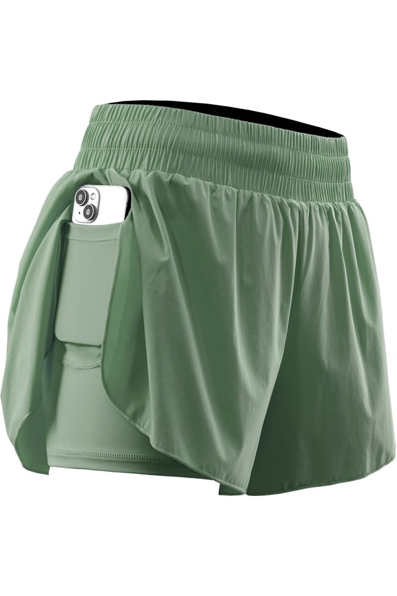 Womens 2 in 1 Workout Yoga Shorts for Athletic Gym Running Casual Summer Short with Pocket,Light Green,US Size 2XL