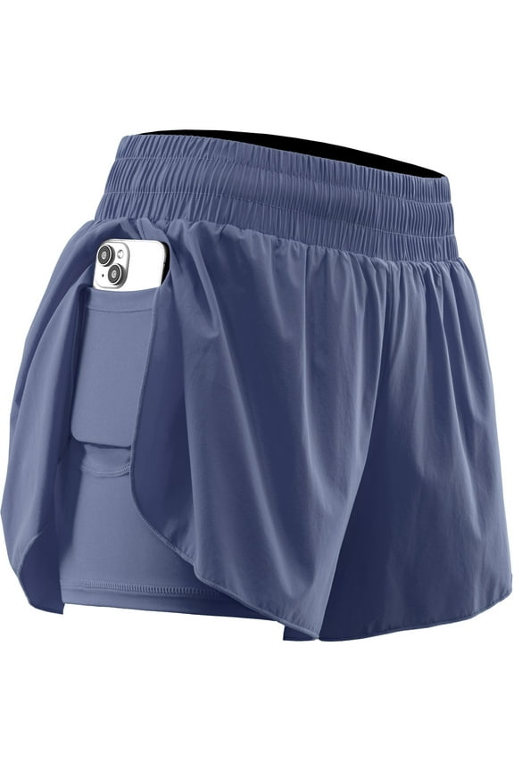 Womens 2 in 1 Workout Yoga Shorts for Athletic Gym Running Casual Summer Short with Pocket,Light Navy Blue,US Size L