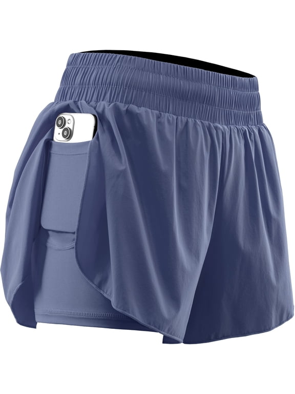 Womens 2 in 1 Workout Yoga Shorts for Athletic Gym Running Casual Summer Short with Pocket,Light Navy Blue,US Size L