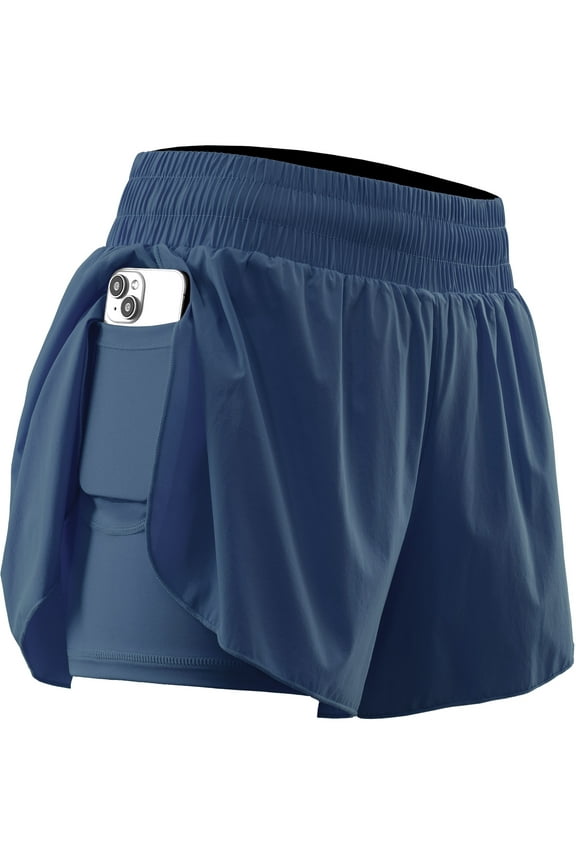 Womens 2 in 1 Workout Yoga Shorts for Athletic Gym Running Casual Summer Short with Pocket,Navy Blue,US Size L