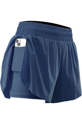 Womens 2 in 1 Workout Yoga Shorts for Athletic Gym Running Casual Summer Short with Pocket,Navy Blue,US Size L