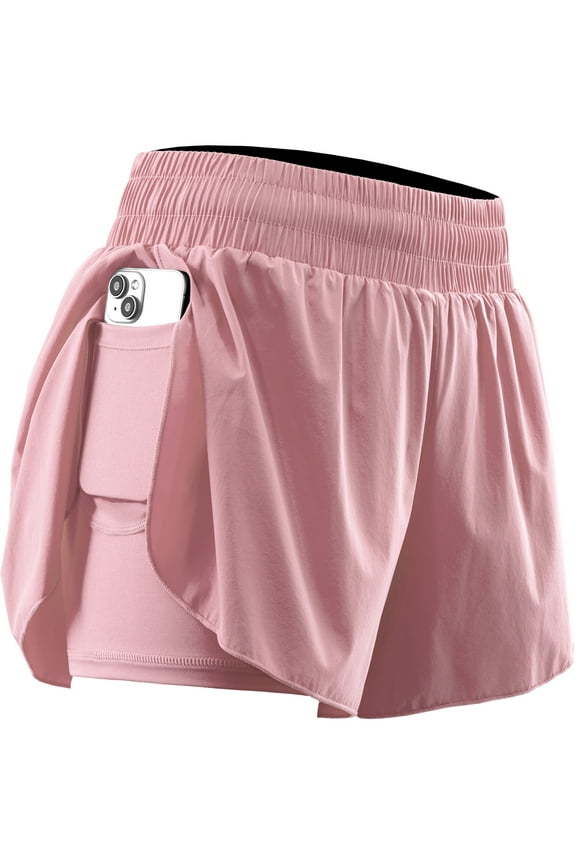 Womens 2 in 1 Workout Yoga Shorts for Athletic Gym Running Casual Summer Short with Pocket,Pink,US Size L