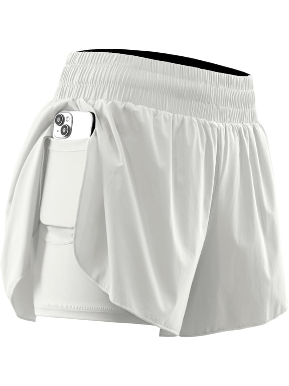 Womens Plus Size 2 in 1 Workout Yoga Shorts for Athletic Gym Running Casual Summer Short with Pocket,White,US Size 2XL