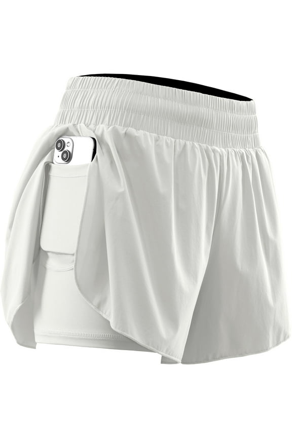 Womens 2 in 1 Workout Yoga Shorts for Athletic Gym Running Casual Summer Short with Pocket,White,US Size 2XL