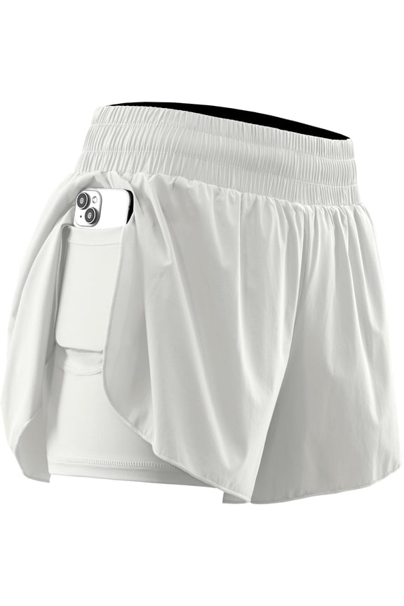 Womens 2 in 1 Workout Yoga Shorts for Athletic Gym Running Casual Summer Short with Pocket,White,US Size L