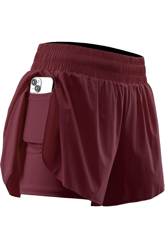 Womens 2 in 1 Workout Yoga Shorts for Athletic Gym Running Casual Summer Short with Pocket,Wine Red,US Size L