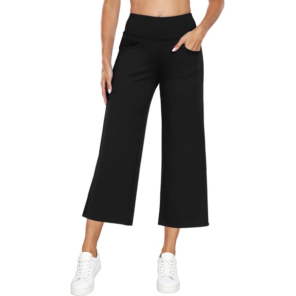 NELEUS Womens 25" Wide Leg Capri Pants Yoga Legging High Waist Cropprd Pants with Pockets,Black,US Size L