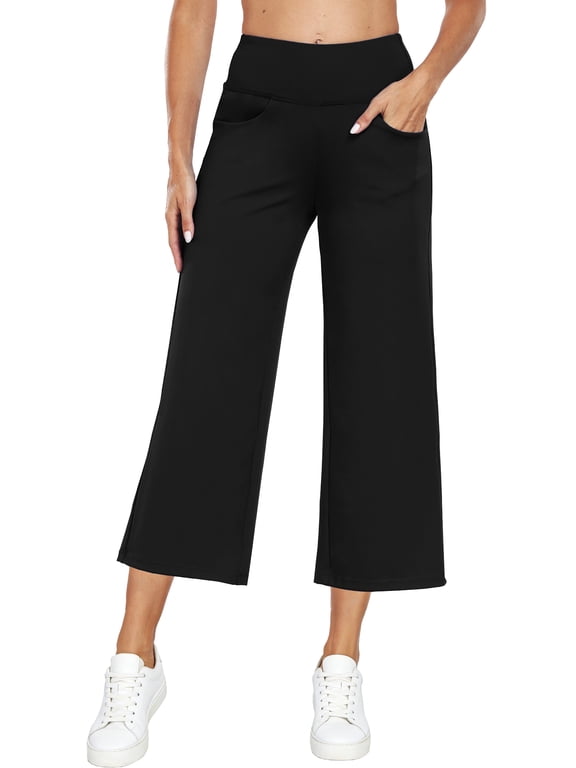 Womens 25" Wide Leg Capri Pants Yoga Legging High Waist Cropprd Pants with Pockets,Black,US Size L
