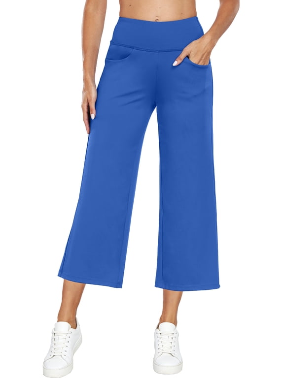 Womens 25" Wide Leg Capri Pants Yoga Legging High Waist Cropprd Pants with Pockets,Blue,US Size S