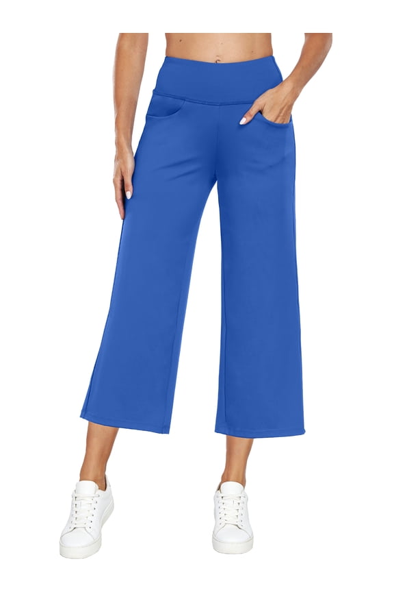 Womens 25" Wide Leg Capri Pants Yoga Legging High Waist Cropprd Pants with Pockets,Blue,US Size XL