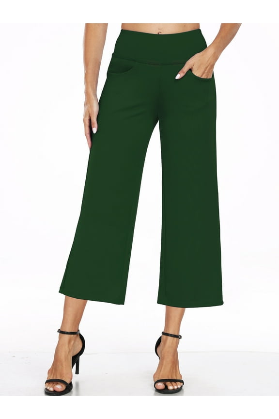 Womens 25" Wide Leg Capri Pants Yoga Legging High Waist Cropprd Pants with Pockets,Dark Green,US Size 2XL