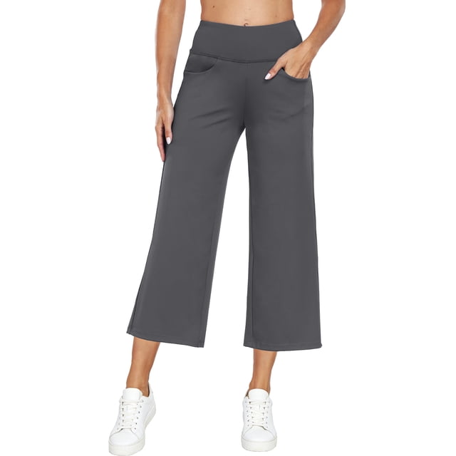 NELEUS Womens 25" Wide Leg Capri Pants Yoga Legging High Waist Cropprd Pants with Pockets,Gray,US Size S