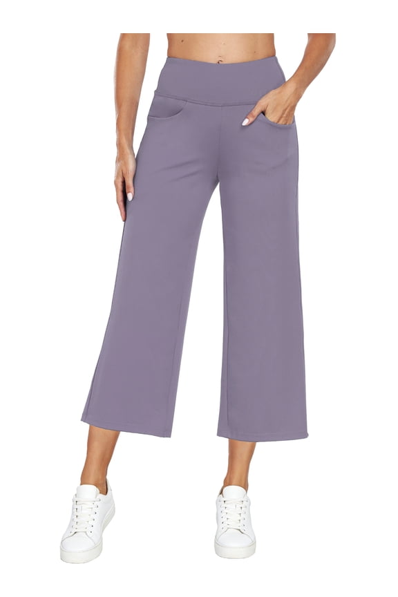Womens 25" Wide Leg Capri Pants Yoga Legging High Waist Cropprd Pants with Pockets,Light Purple,US Size M