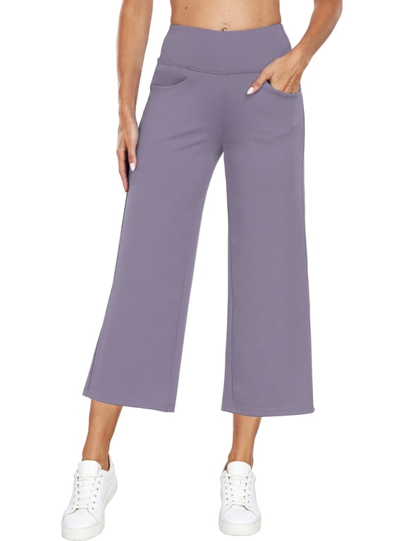Womens 25" Wide Leg Capri Pants Yoga Legging High Waist Cropprd Pants with Pockets,Light Purple,US Size XL