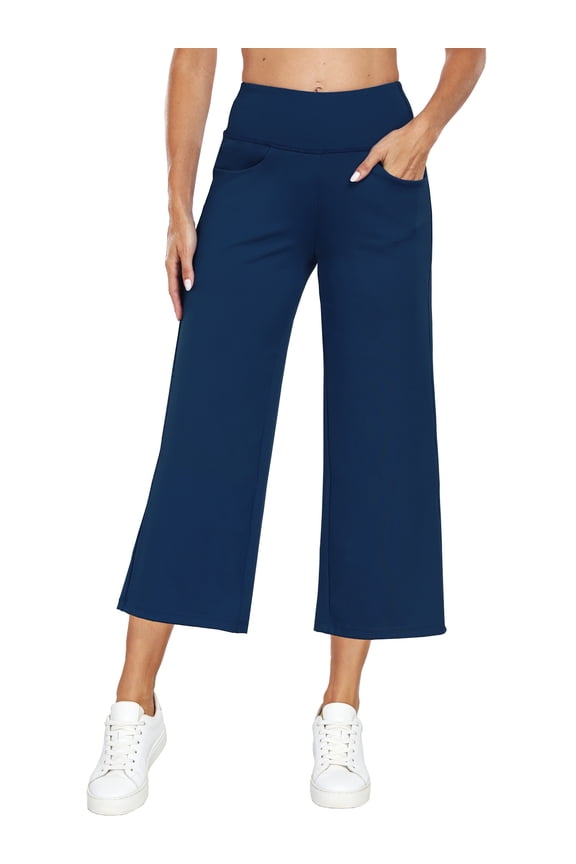 Womens 25" Wide Leg Capri Pants Yoga Legging High Waist Cropprd Pants with Pockets,Navy Blue,US Size L