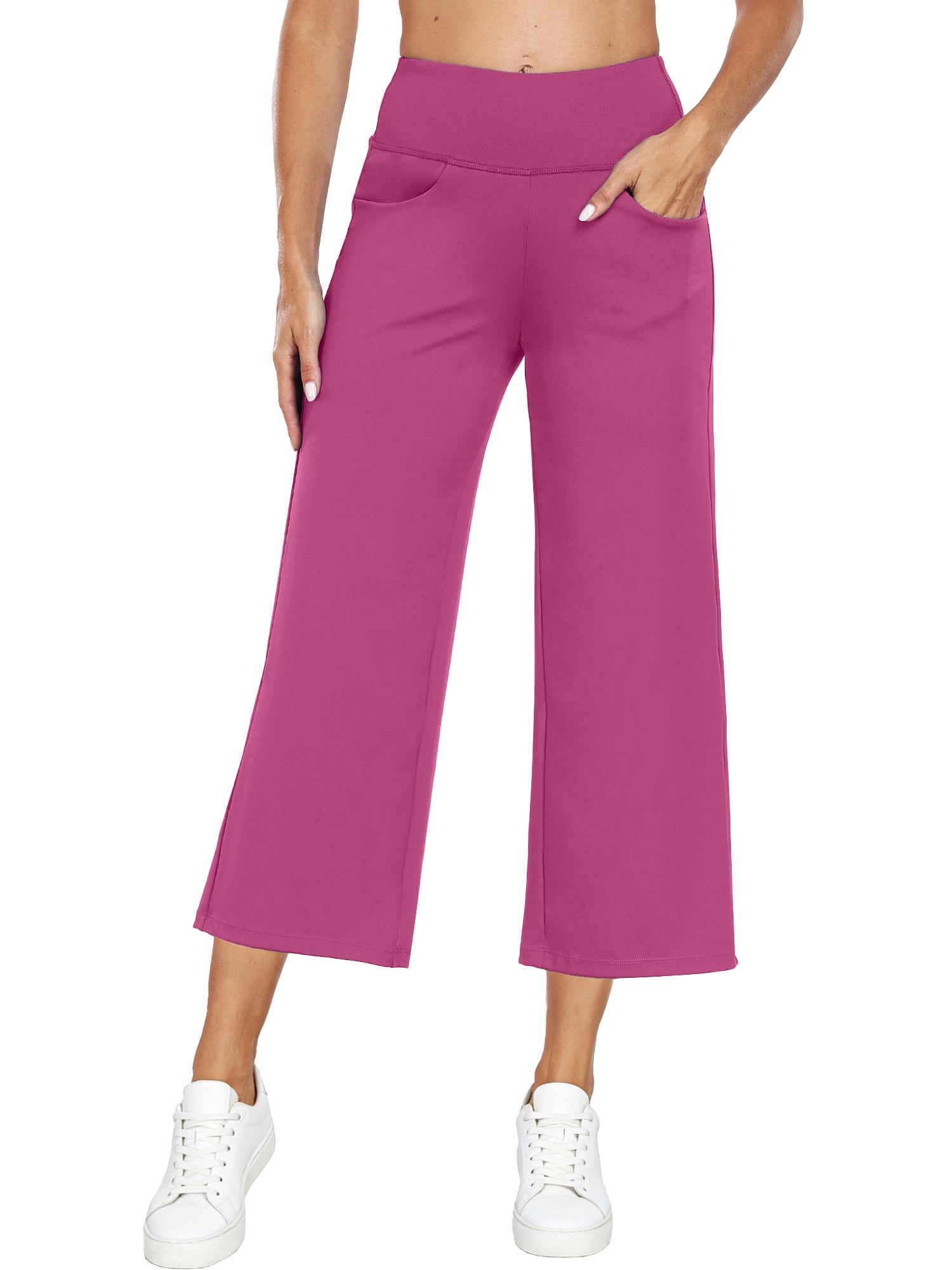 Womens 25" Wide Leg Capri Pants Yoga Legging High Waist Cropprd Pants with Pockets,Rose pink,US Size 2XL