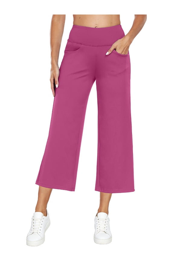 Womens 25" Wide Leg Capri Pants Yoga Legging High Waist Cropprd Pants with Pockets,Rose pink,US Size XL