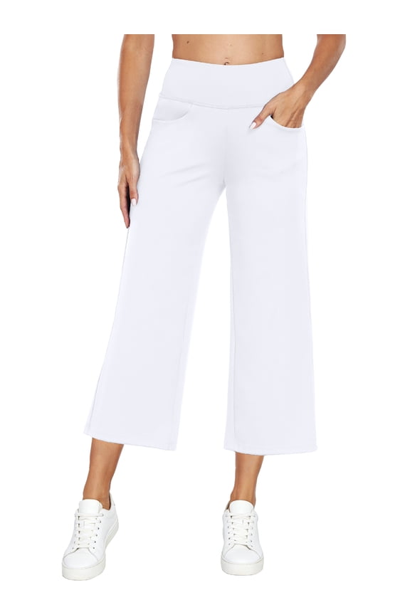 Womens 25" Wide Leg Capri Pants Yoga Legging High Waist Cropprd Pants with Pockets,White,US Size L
