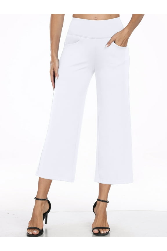 Womens 25" Wide Leg Capri Pants Yoga Legging High Waist Cropprd Pants with Pockets,White,US Size M