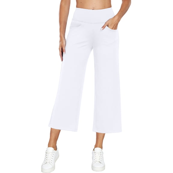 NELEUS Womens 25" Wide Leg Capri Pants Yoga Legging High Waist Cropprd Pants with Pockets,White,US Size S