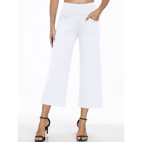 NELEUS Womens 25" Wide Leg Capri Pants Yoga Legging High Waist Cropprd Pants with Pockets,White,US Size XL