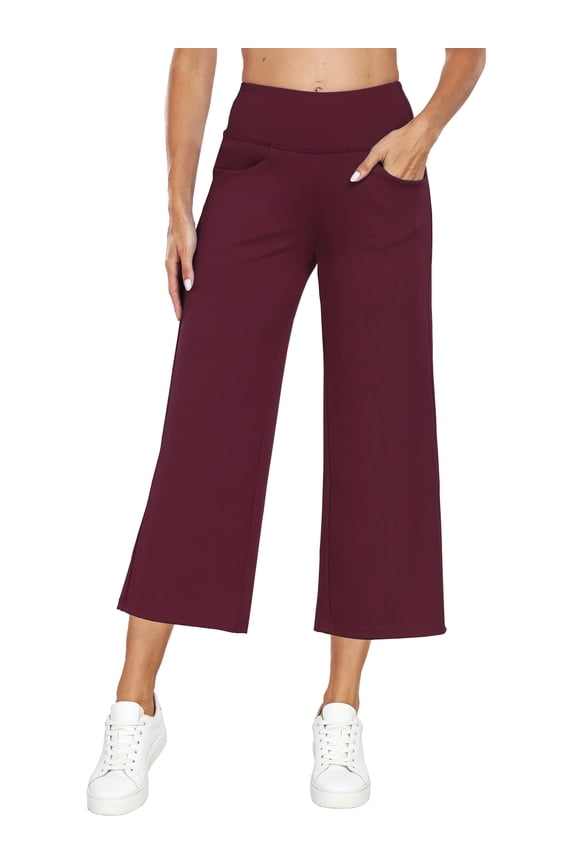 Womens 25" Wide Leg Capri Pants Yoga Legging High Waist Cropprd Pants with Pockets,Wine Red,US Size M