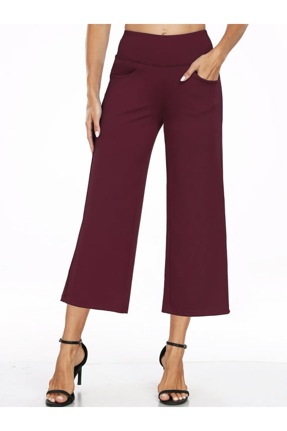 Womens 25" Wide Leg Capri Pants Yoga Legging High Waist Cropprd Pants with Pockets,Wine Red,US Size S