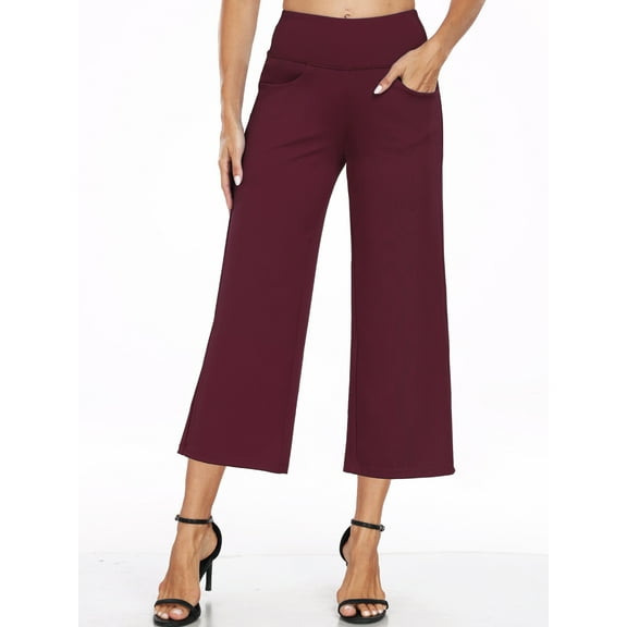 NELEUS Womens 25" Wide Leg Capri Pants Yoga Legging High Waist Cropprd Pants with Pockets,Wine Red,US Size XL