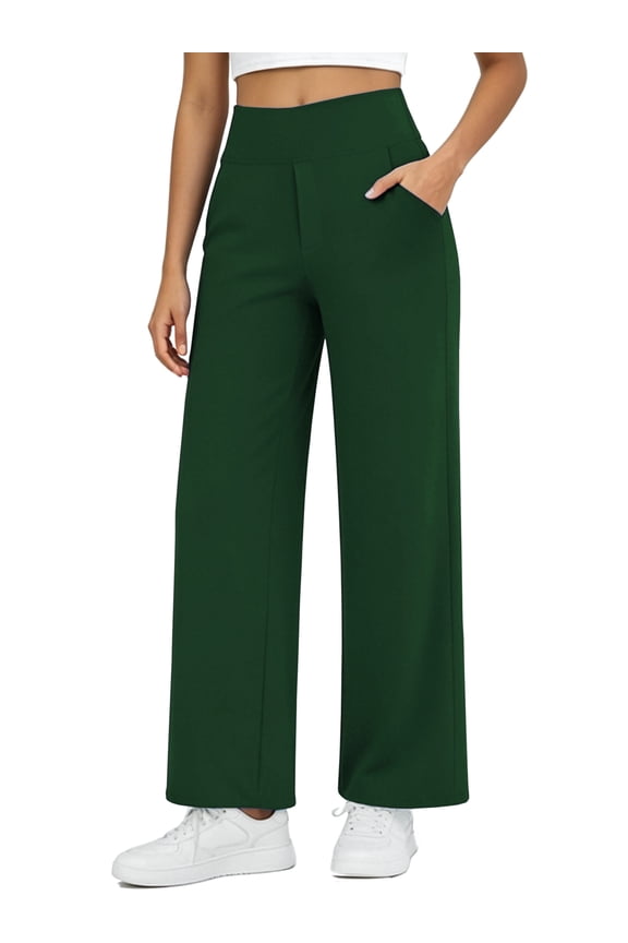 Womens 27" Wide Leg Pants Athletic Yoga Leggings Casual Sweatpants Stretch Dress with Pockets,Dark Green,US Size S