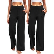NELEUS Womens 29" Wide Leg Pants Athletic Yoga Leggings Casual Sweatpants Stretch Dress with Pockets,Black+Black,US Size L