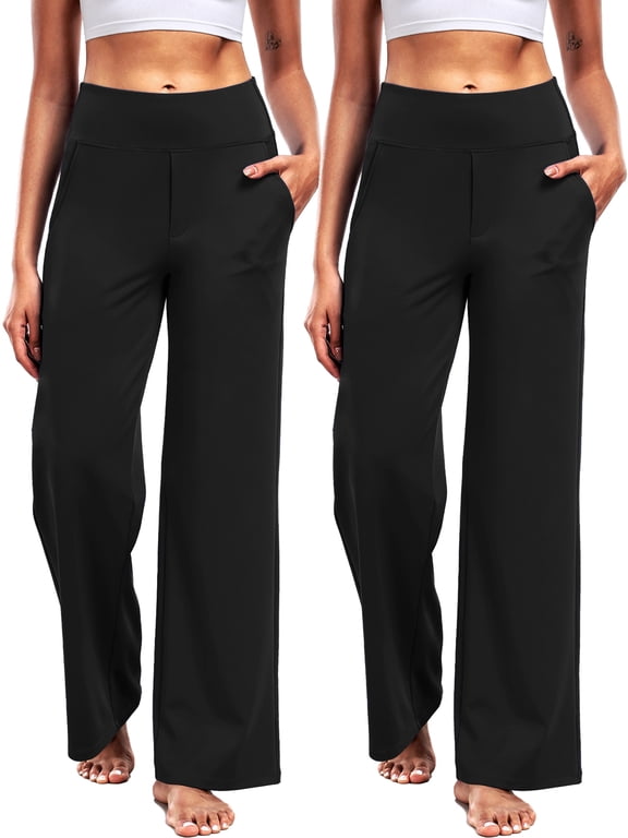 Womens 29" Wide Leg Pants Athletic Yoga Leggings Casual Sweatpants Stretch Dress with Pockets,Black+Black,US Size L