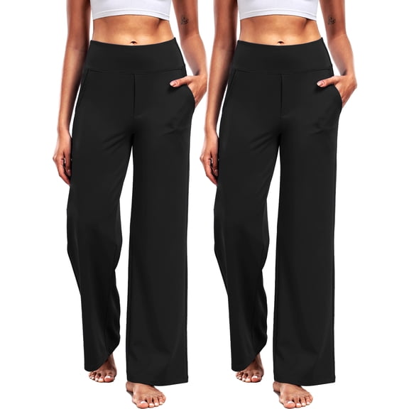 NELEUS Womens 29" Wide Leg Pants Athletic Yoga Leggings Casual Sweatpants Stretch Dress with Pockets,Black+Black,US Size M