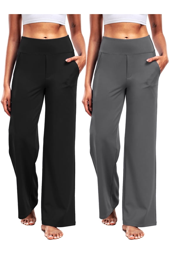 Womens 29" Wide Leg Pants Athletic Yoga Leggings Casual Sweatpants Stretch Dress with Pockets,Black+Gray,US Size XL