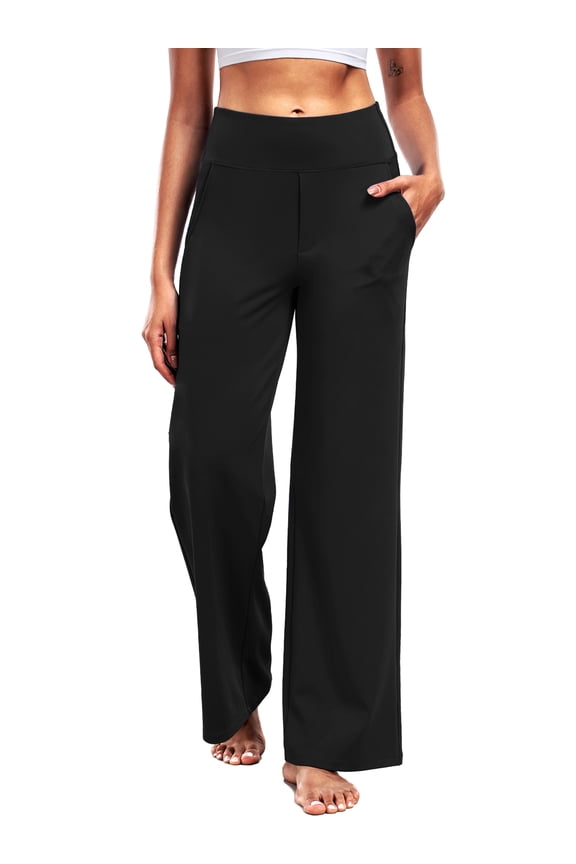Womens 29" Wide Leg Pants Athletic Yoga Leggings Casual Sweatpants Stretch Dress with Pockets,Black,US Size 2XL