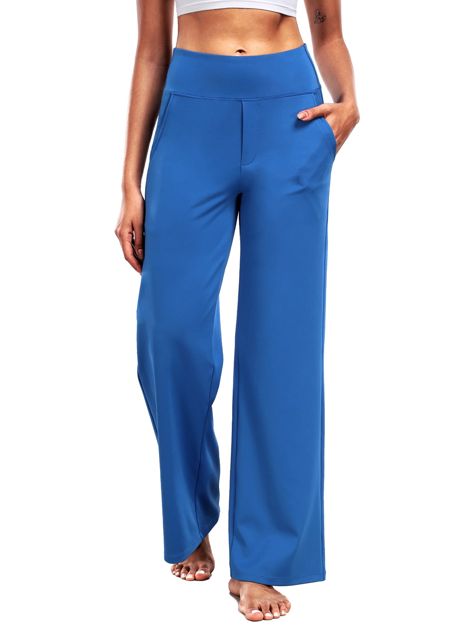 NELEUS Womens 29" Wide Leg Pants Athletic Yoga Leggings Casual Sweatpants Stretch Dress with Pockets,Blue,US Size M