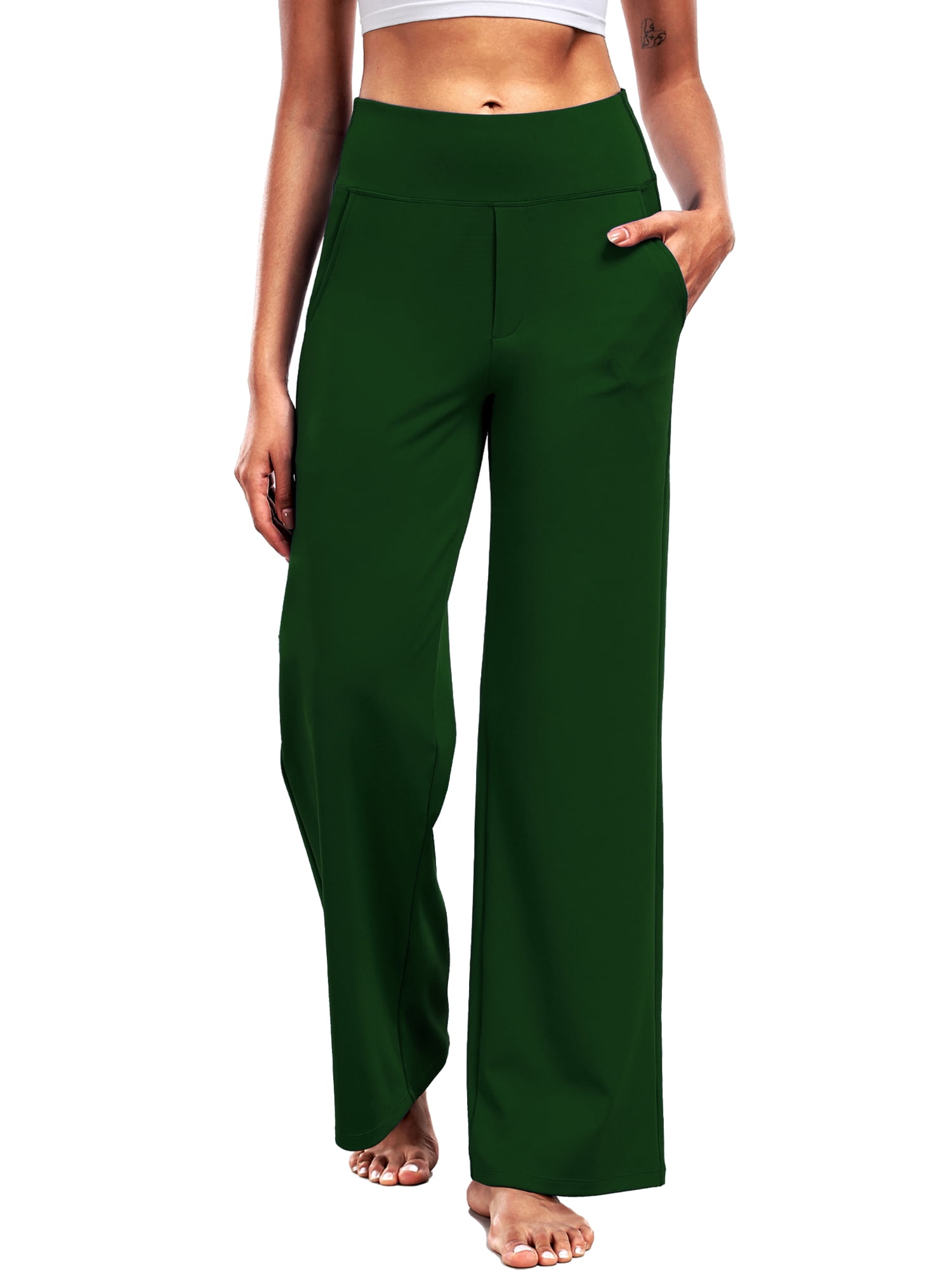 NELEUS Womens 29" Wide Leg Pants Athletic Yoga Leggings Casual Sweatpants Stretch Dress with Pockets,Dark Green,US Size L