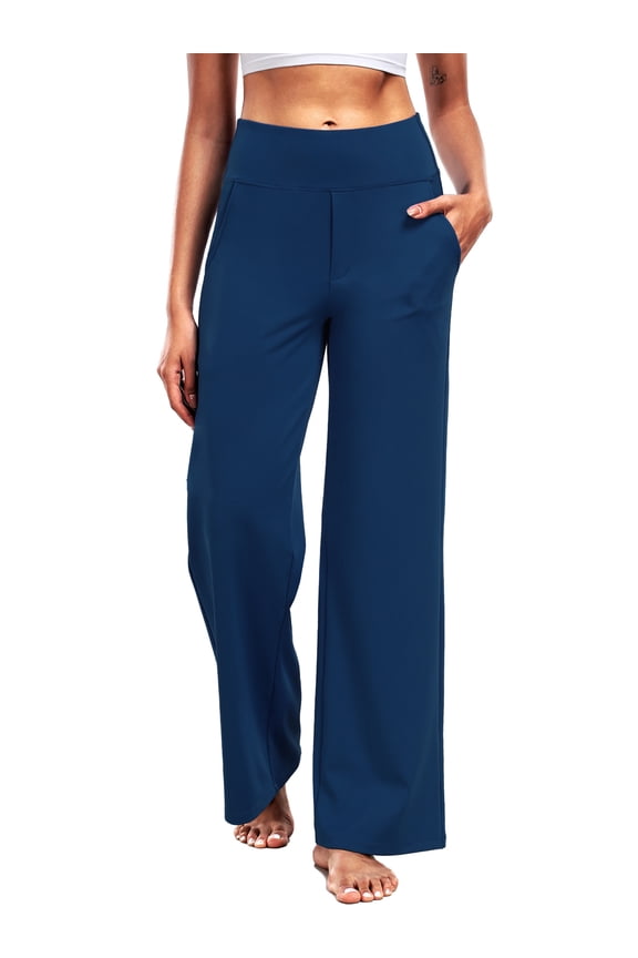 Womens 29" Wide Leg Pants Athletic Yoga Leggings Casual Sweatpants Stretch Dress with Pockets,Navy Blue,US Size M
