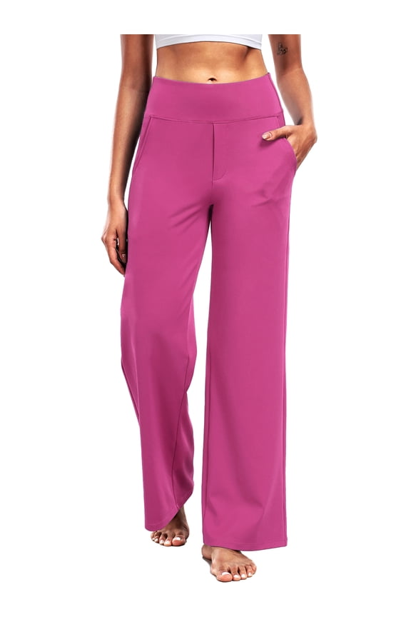 Womens 29" Wide Leg Pants Athletic Yoga Leggings Casual Sweatpants Stretch Dress with Pockets,Rose Pink,US Size 2XL