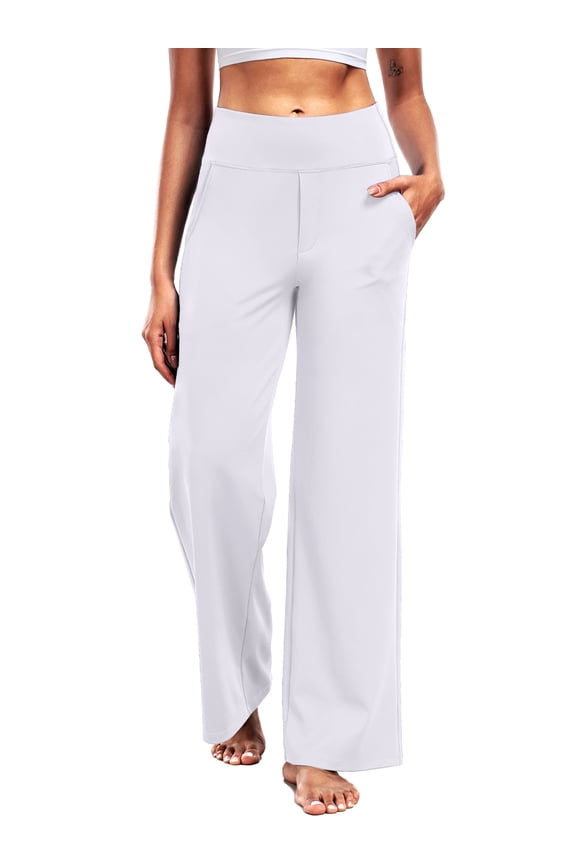 Womens 29" Wide Leg Pants Athletic Yoga Leggings Casual Sweatpants Stretch Dress with Pockets,White,US Size M